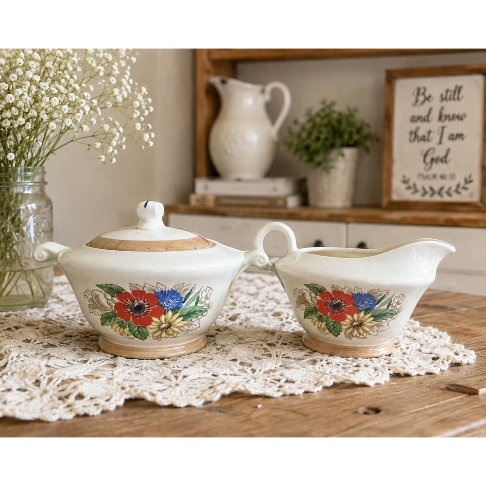 Vintage 1948 Edwin M Knowles Floral Creamer Sugar Bowl Set USA Cottagecore